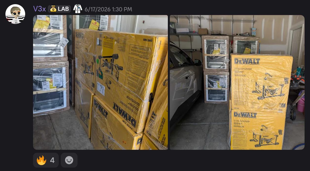 Community delivery screenshot showing multiple DEWALT table saw boxes delivered alongside other inventory.
