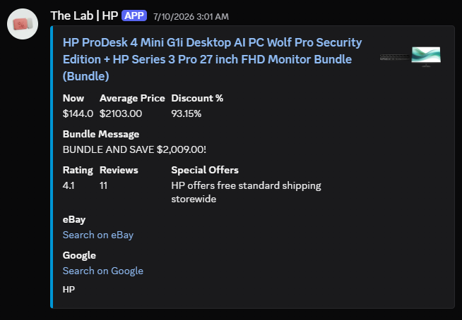 The Lab HP monitor alert showing the ProDesk 4 Mini G1i desktop and 27-inch monitor bundle at $144 with a 93.15% discount.