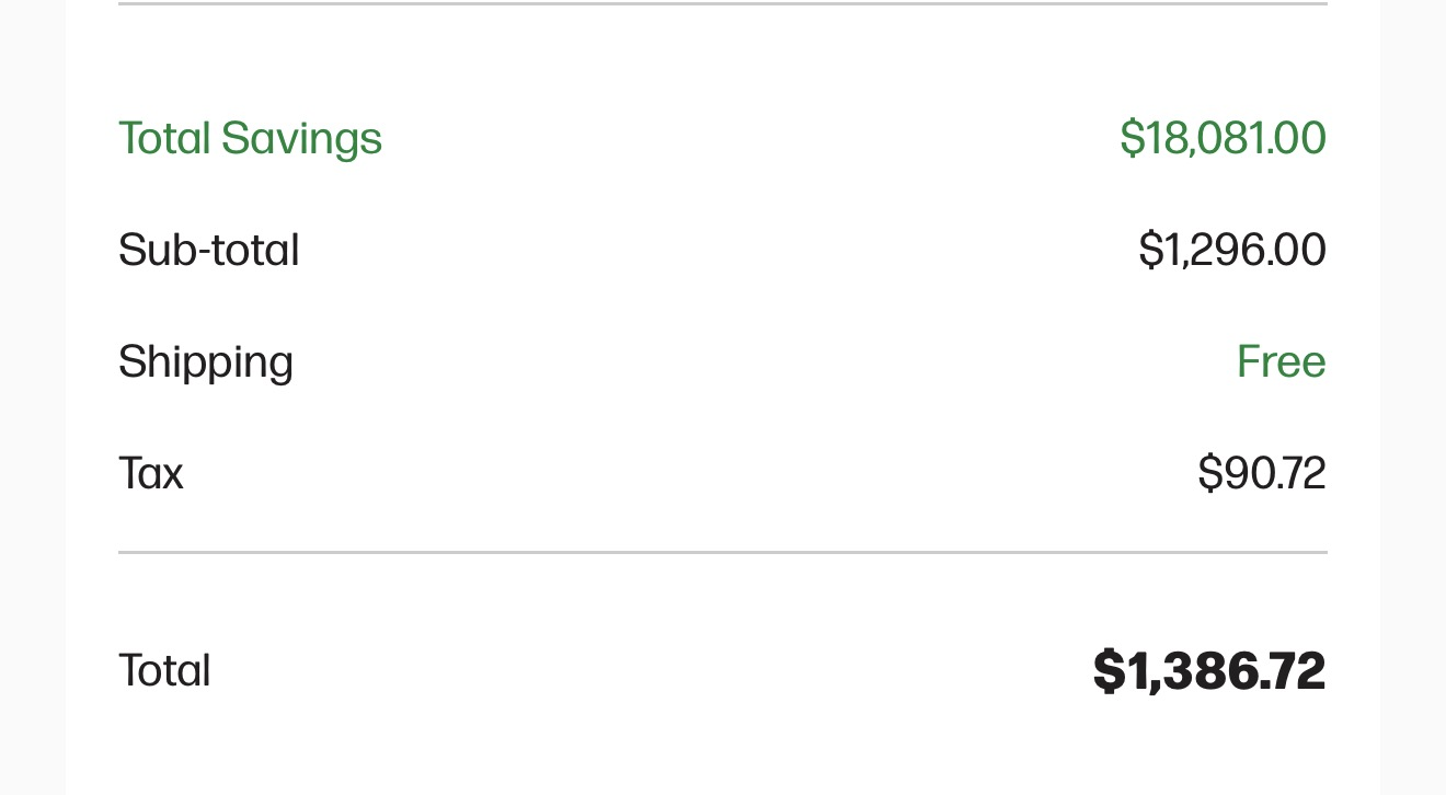 HP order summary showing $18,081 in displayed savings on a nine-bundle order with a $1,386.72 total.