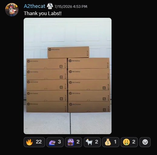 The Lab member delivery post showing stacked HP boxes from the delivered nine-bundle ProDesk price-error order.