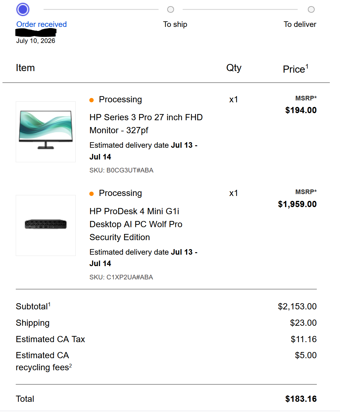 HP order page showing one ProDesk 4 Mini G1i and one Series 3 Pro 27-inch monitor processing with a $183.16 total.