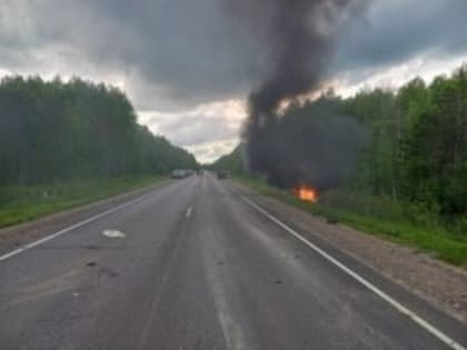 В Харовском районе на трассе после столкновения загорелся автомобиль: водитель погиб на месте