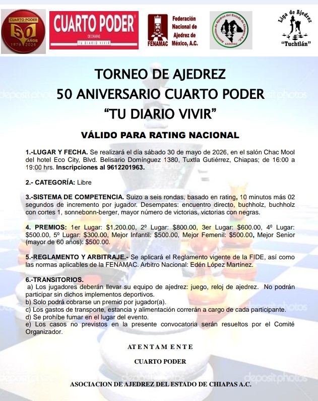 TORNEO DE AJEDREZ 50 ANIVERSARIO CUARTO PODER “TU DIARIO VIVIR”