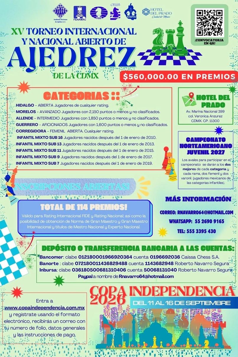 XV torneo internacional y nacional abierto de ajedrez de la CDMX Copa Independencia 2026