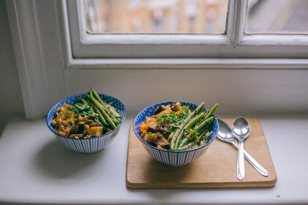 Aubergine Stew with Rosemary Couscous & Green Beans in Chili Pesto