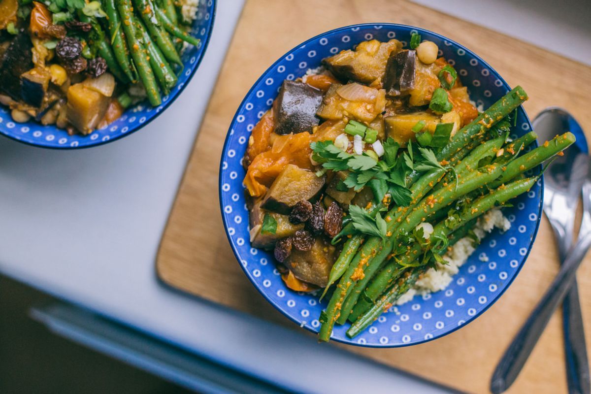Aubergine Stew with Rosemary Couscous & Green Beans in Chili Pesto