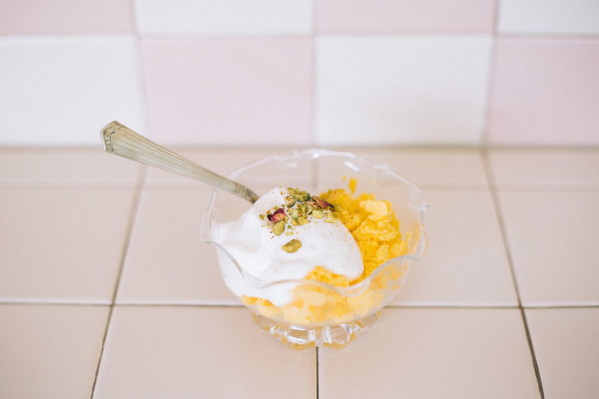 Mango Lassi Granita and Ginger Chantilly Cream with Rose-Pistachio Dukka