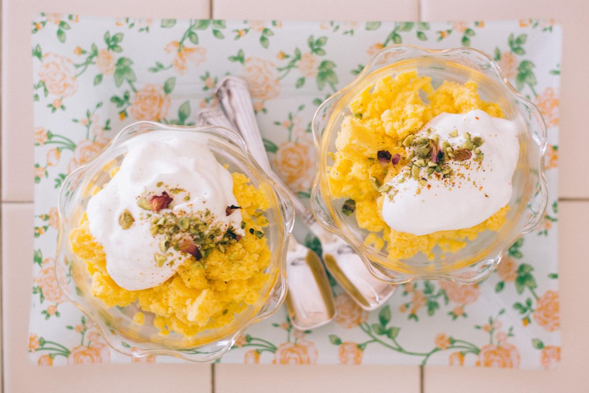 Mango Lassi Granita and Ginger Chantilly Cream with Rose-Pistachio Dukka