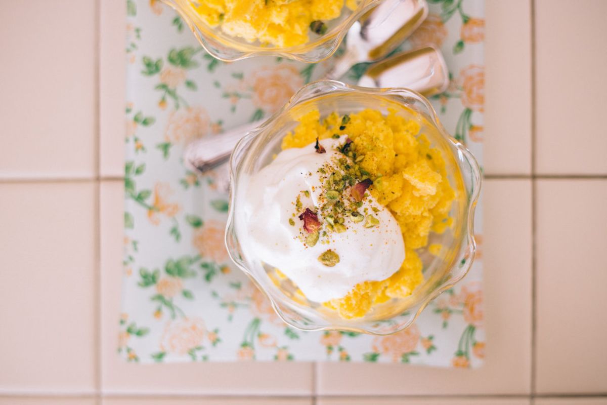 Mango Lassi Granita and Ginger Chantilly Cream with Rose-Pistachio Dukka