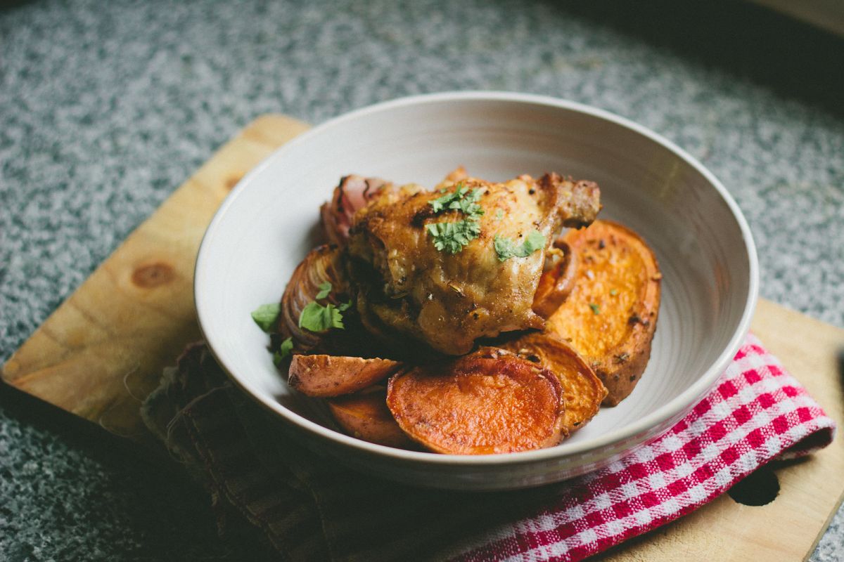 Mughlai Roast Chicken with Sweet Potatoes and Onions