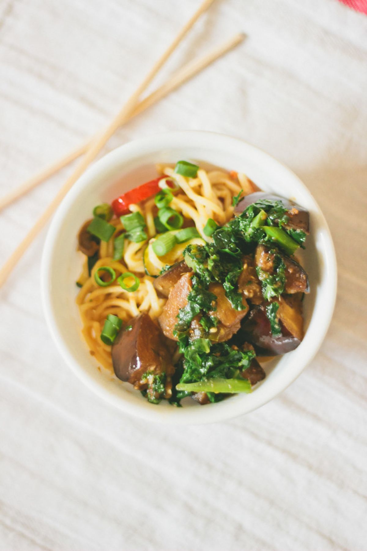 Aubergine Kale Noodle Bowl