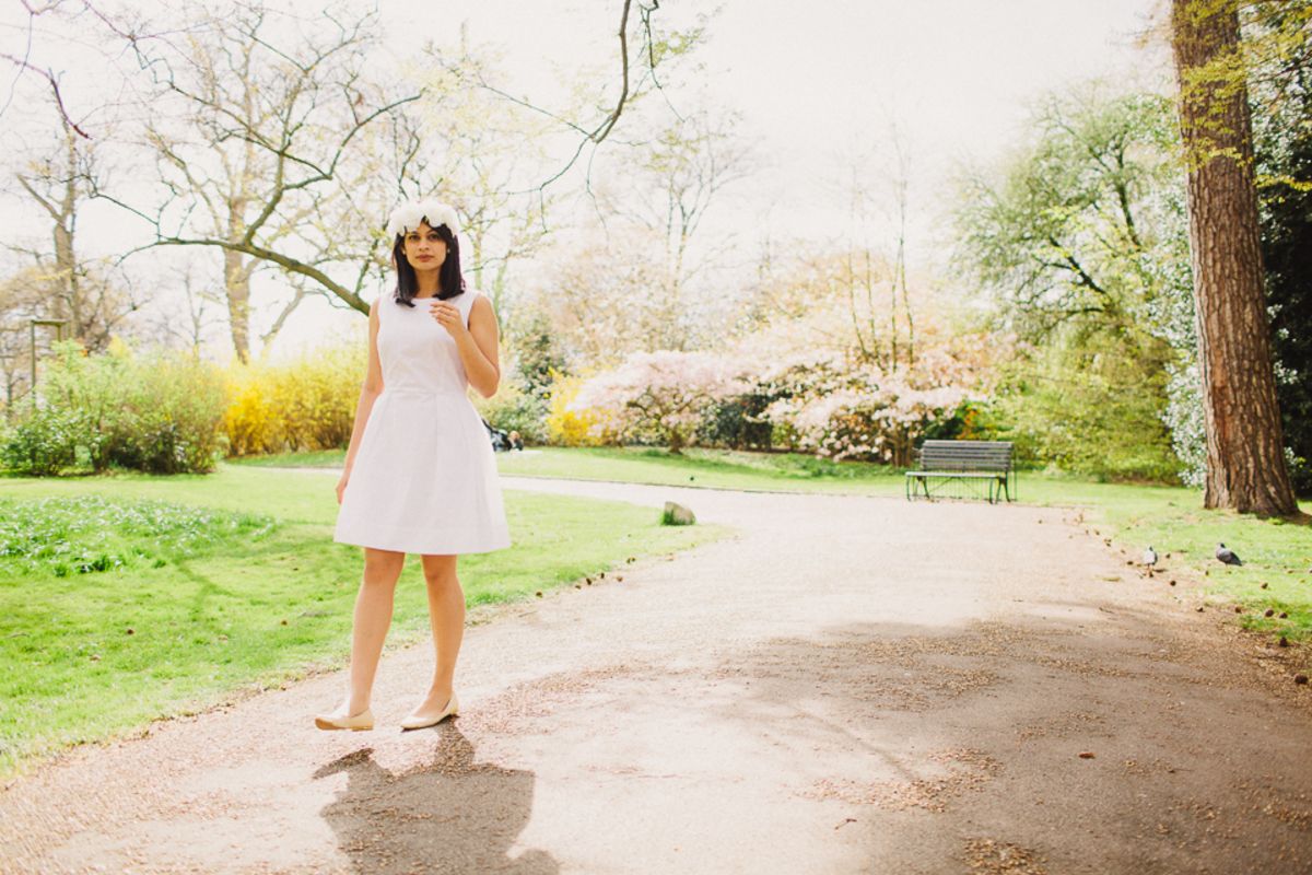 Floral Princess in a White Linen Dress