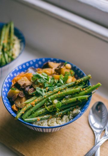 Aubergine Stew with Rosemary Couscous & Green Beans in Chili Pesto Cover Image