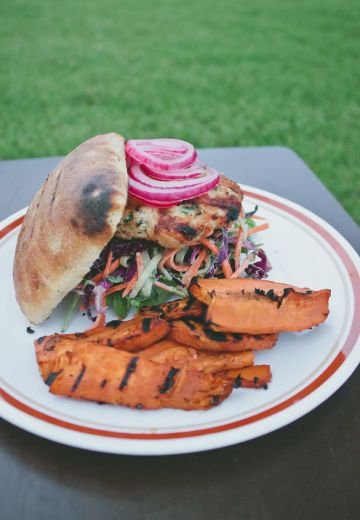 Grilled Asian Chicken Burgers & 5-Spice Sweet Potato Wedges Cover Image