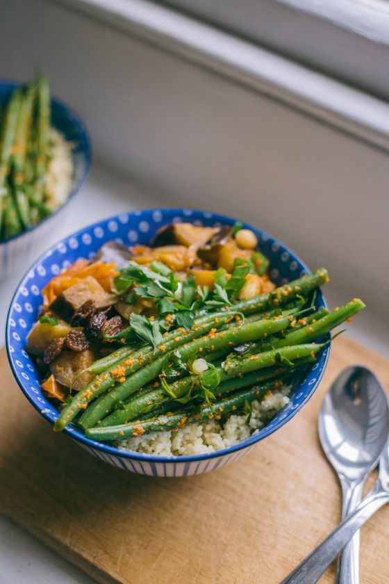 Aubergine Stew with Rosemary Couscous & Green Beans in Chili Pesto