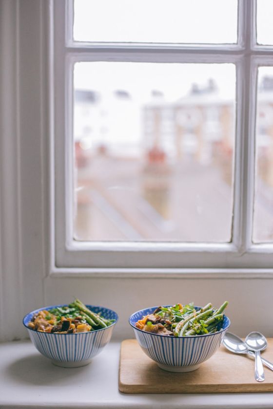 Aubergine Stew with Rosemary Couscous & Green Beans in Chili Pesto