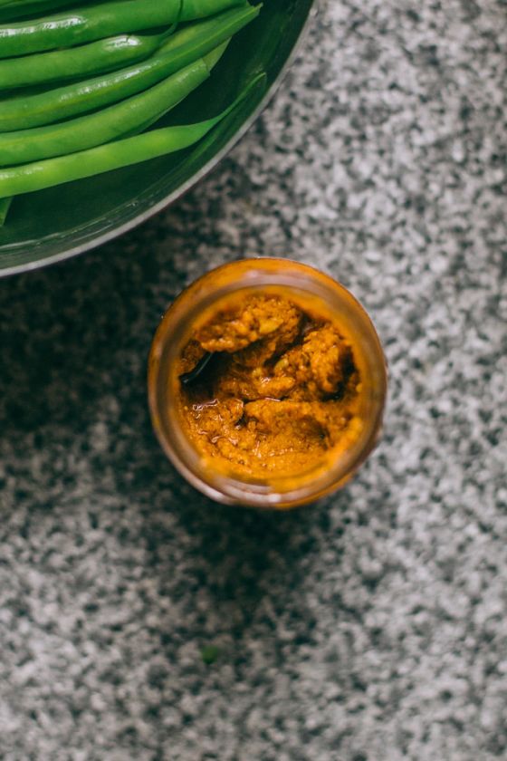 Aubergine Stew with Rosemary Couscous & Green Beans in Chili Pesto