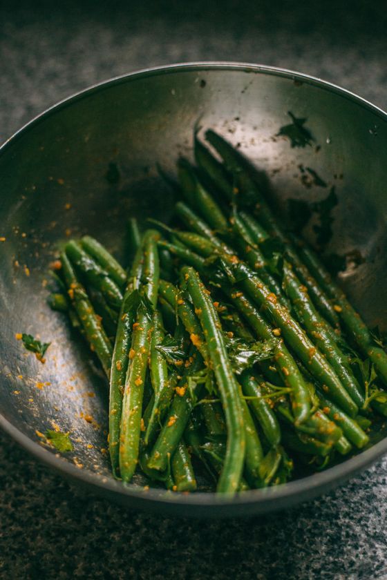 Aubergine Stew with Rosemary Couscous & Green Beans in Chili Pesto