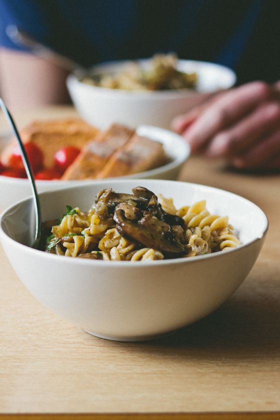 Fusilli with Caramelized Onions and Mushrooms in a Brown Butter Sage Sauce