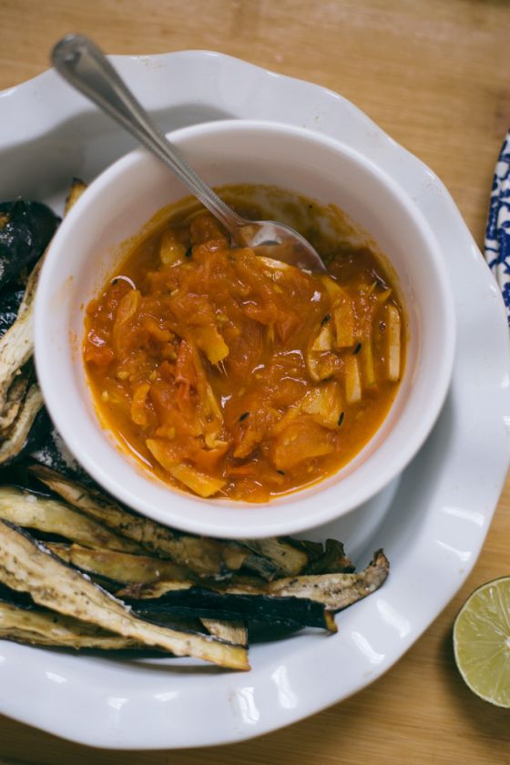 Aubergine Chips with Smokey Tomato Compote Supal Desai