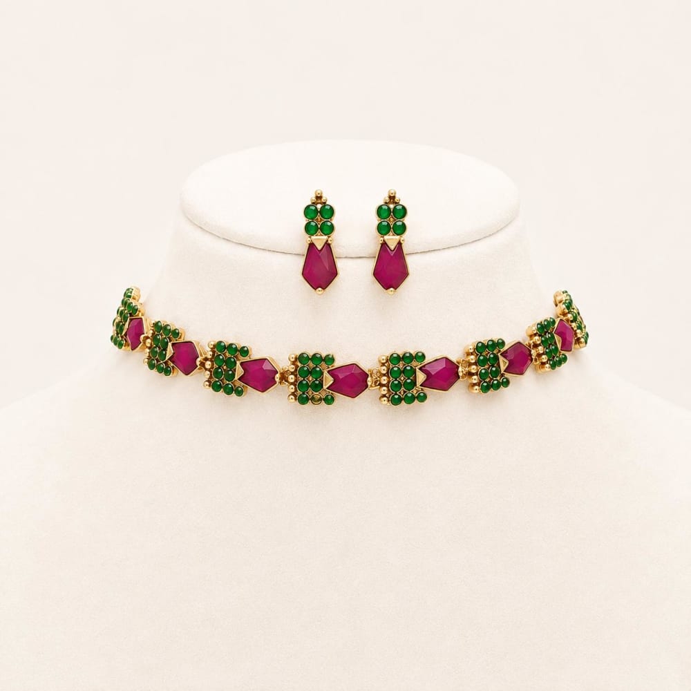 Emerald Green &Magenta designer choker set - South Indian Jewelry by Nethiel Jewelry (View 1)