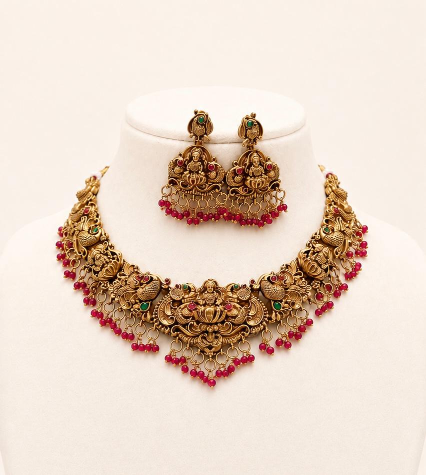 Lakshmi Peacock Antique Gold Necklace Set - South Indian Jewelry by Nethiel Jewelry (View 1)