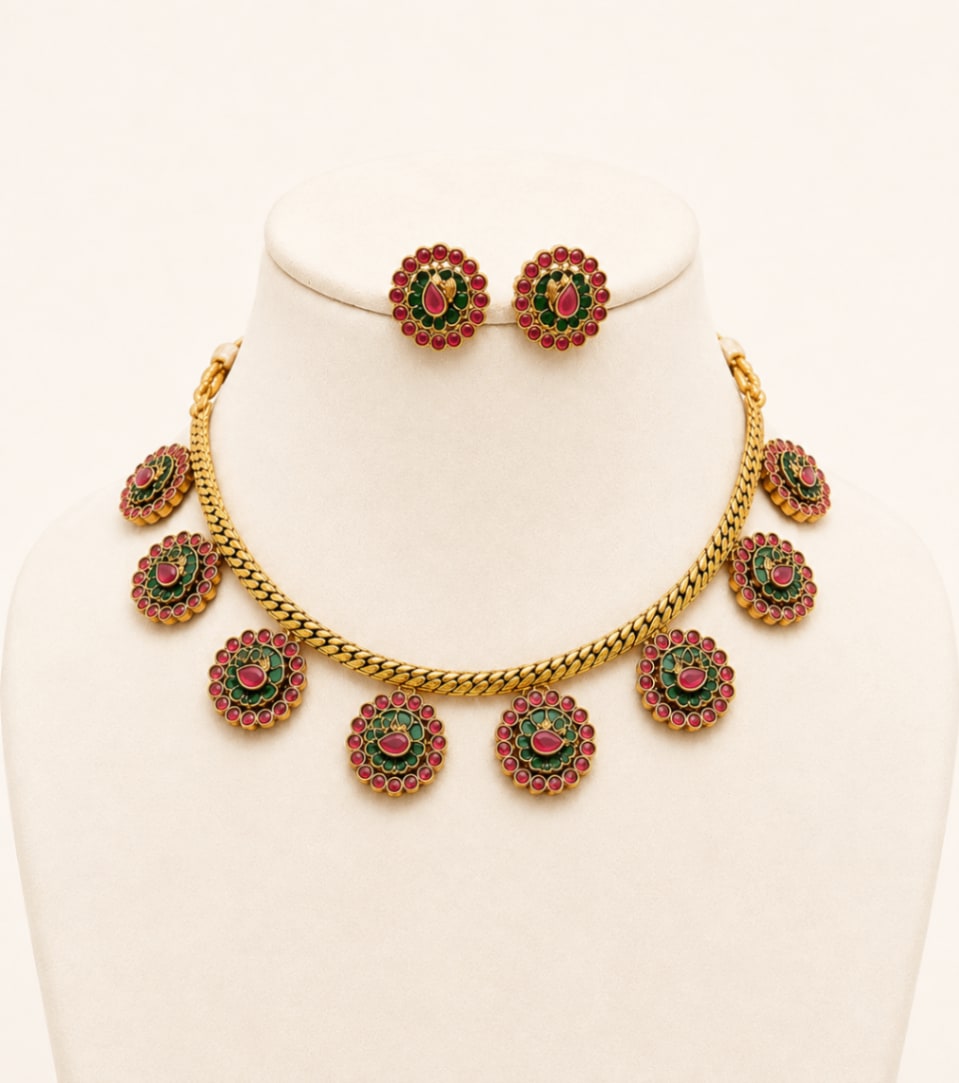 Ruby Green Floral Coin Necklace Set - South Indian Jewelry by Nethiel Jewelry (View 1)