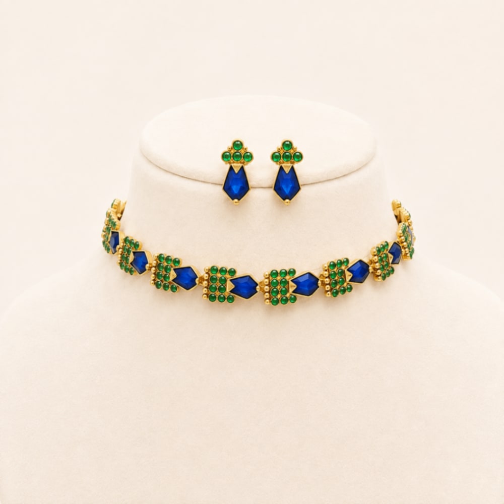 Emerald Green & Royal Blue Designer Choker Set - South Indian Jewelry by Nethiel Jewelry (View 1)