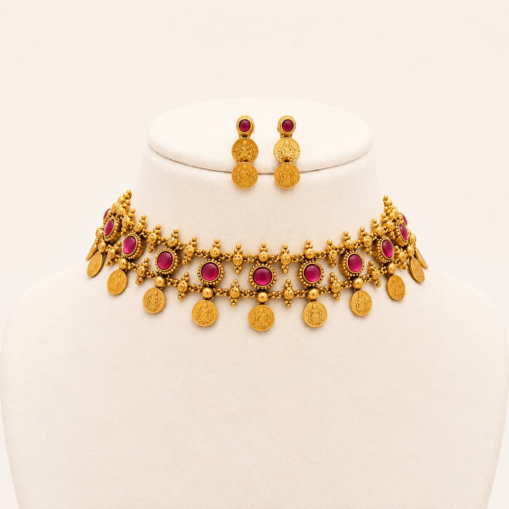 Ruby Lakshmi Coin Choker Set - South Indian Jewelry by Nethiel Jewelry (View 1)