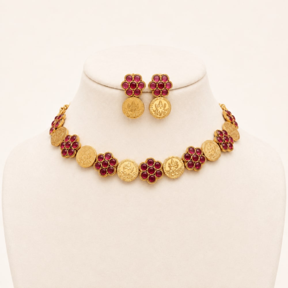 Ruby floral Coin Necklace Set - South Indian Jewelry by Nethiel Jewelry (View 1)