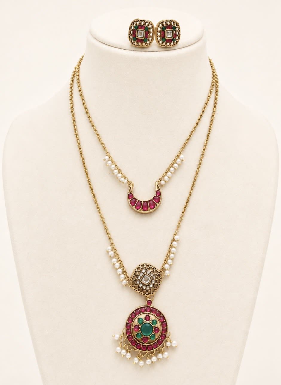 Ruby Green Pearl Layered Necklace Set - South Indian Jewelry by Nethiel Jewelry (View 1)