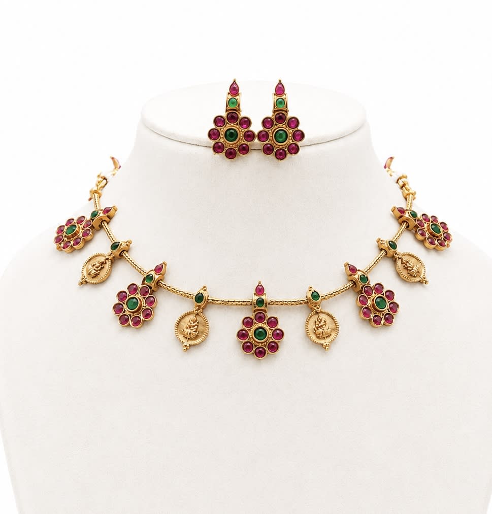 Ruby Green Lakshmi Floral Necklace Set - South Indian Jewelry by Nethiel Jewelry (View 1)