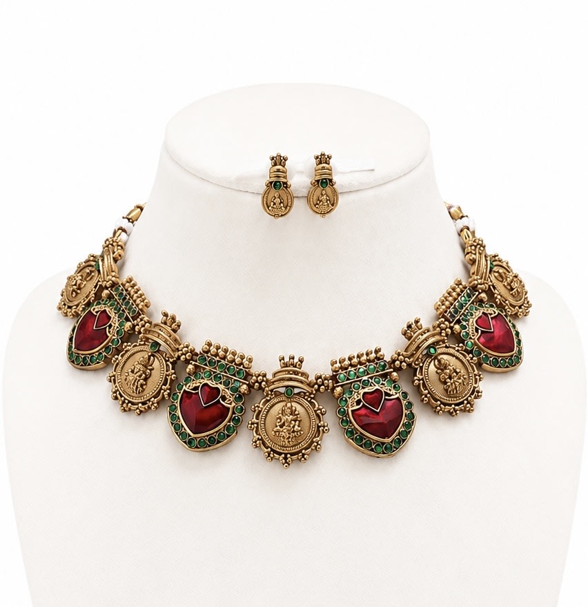Ruby Green Lakshmi Temple Necklace Set - South Indian Jewelry by Nethiel Jewelry (View 1)