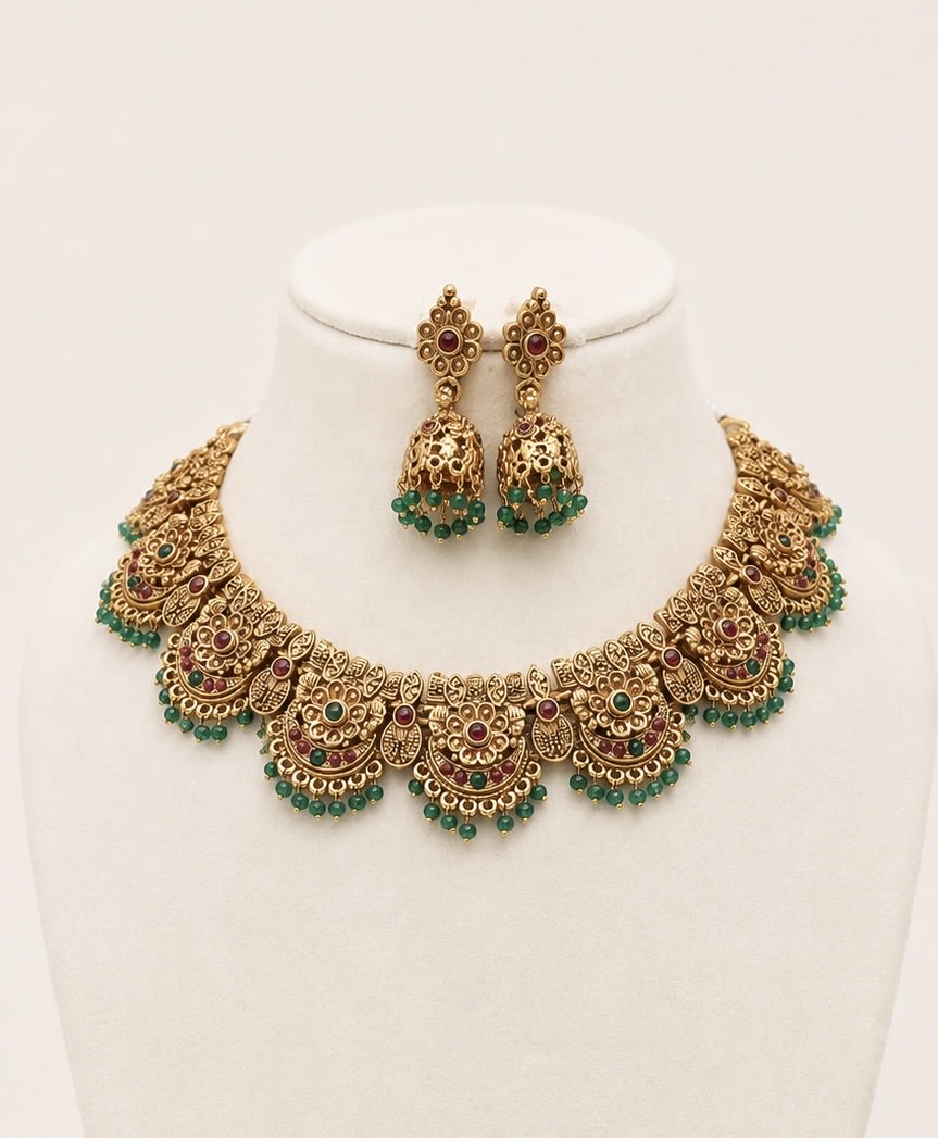 Antique Gold Ruby Green Designer Necklace Set - South Indian Jewelry by Nethiel Jewelry (View 1)