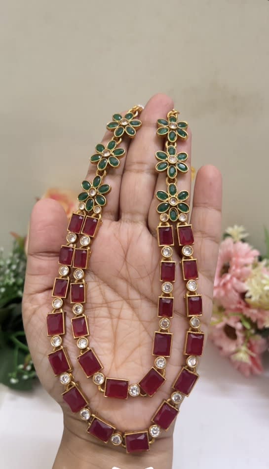 Ruby & Green Floral Double-Layer Necklace Set - South Indian Jewelry by Nethiel Jewelry (View 1)