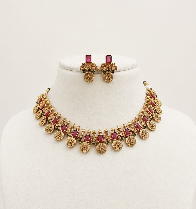 Ruby Coin Necklace Set - South Indian Jewelry by Nethiel Jewelry (View 1)