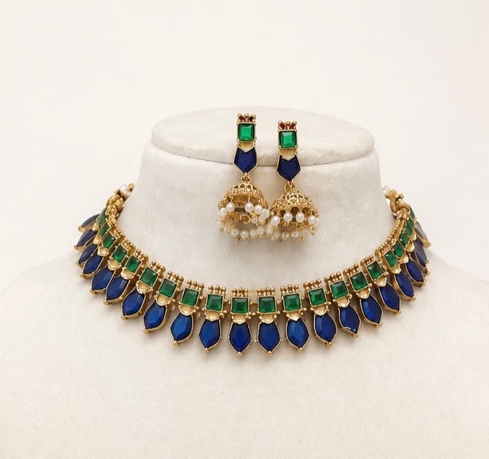 Royal Blue & Green Palakka Necklace Set - South Indian Jewelry by Nethiel Jewelry (View 1)