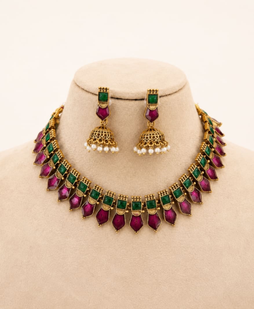 Magenta & Green Palakka Necklace Set - South Indian Jewelry by Nethiel Jewelry (View 1)