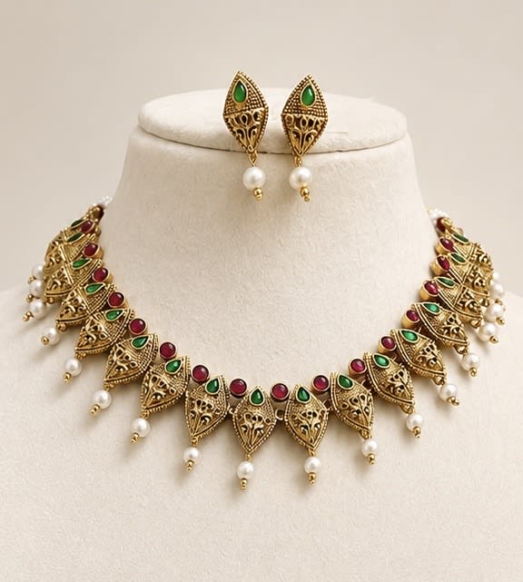 Green & Magenta Traditional Necklace Set - South Indian Jewelry by Nethiel Jewelry (View 1)