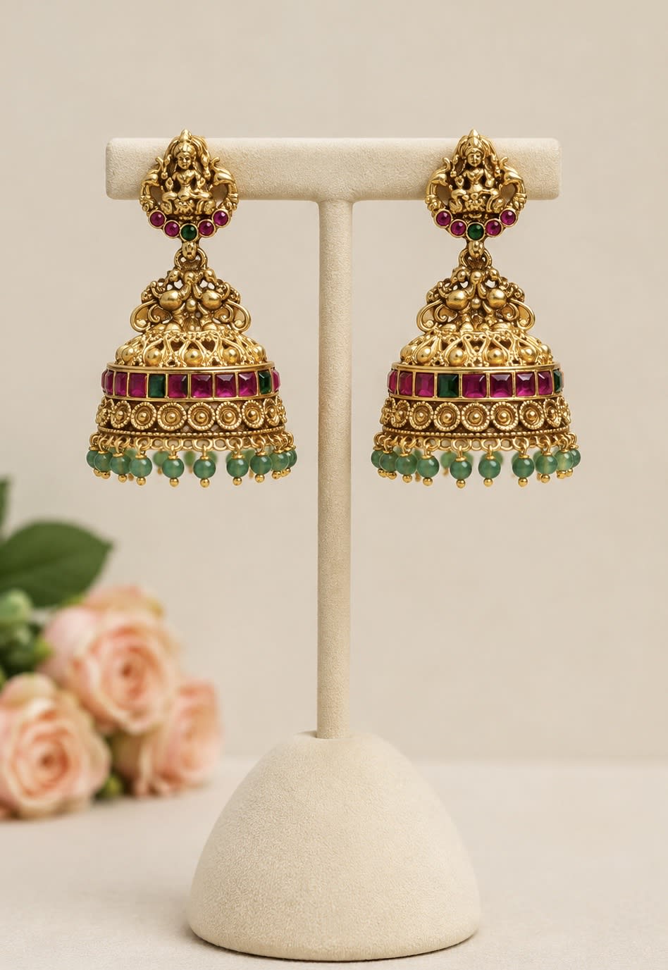 Lakshmi Bridal Ruby Green Jhumka ✨ - South Indian Jewelry by Nethiel Jewelry (View 1)