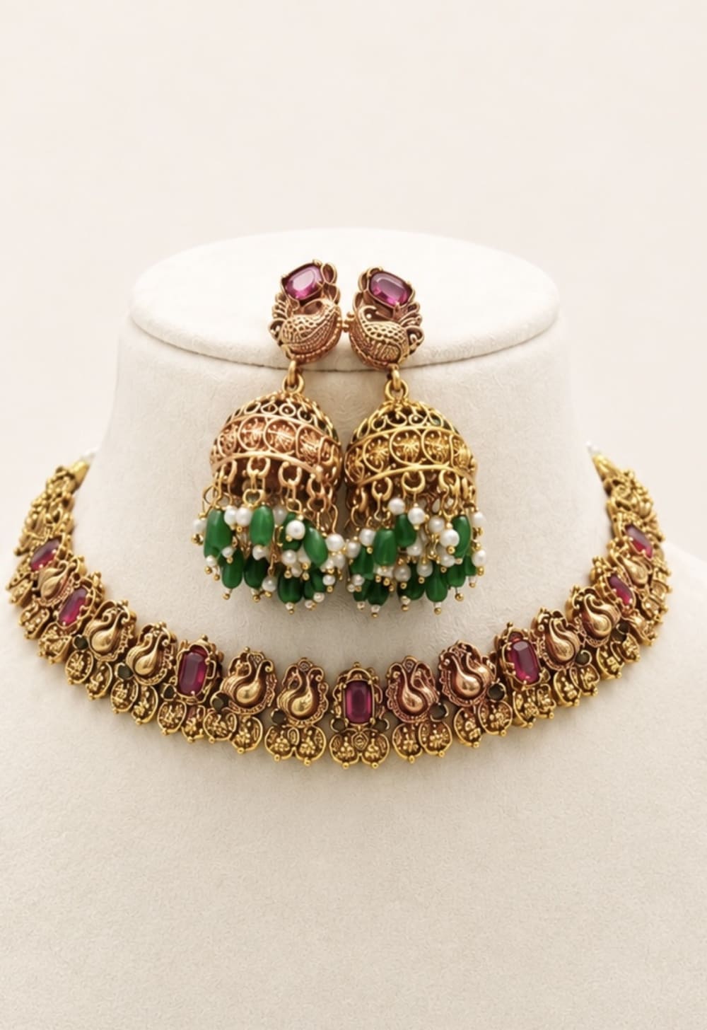 Ruby & Emerald Antique Necklace Set - South Indian Jewelry by Nethiel Jewelry (View 1)