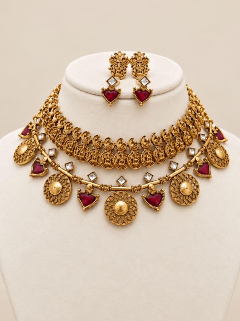 Royal Ruby Coin Temple Combo - South Indian Jewelry by Nethiel Jewelry (View 1)