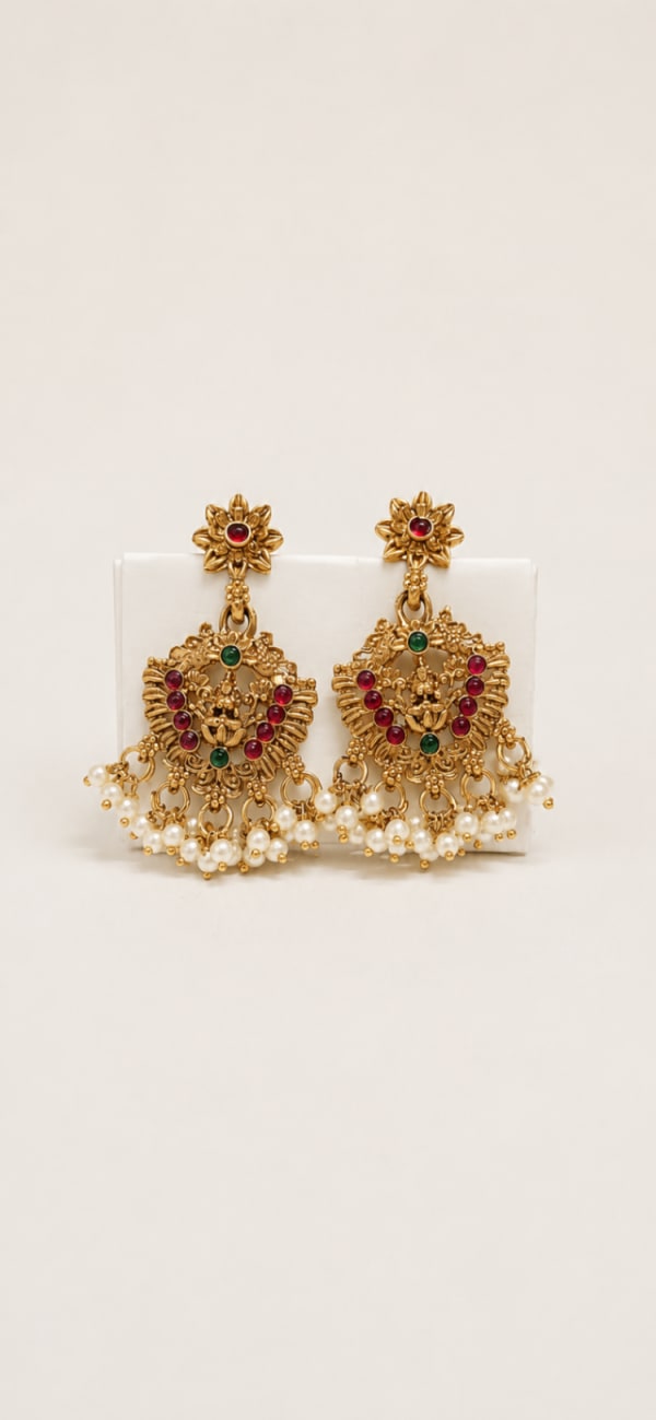Lakshmi Floral Pearl Necklace Set Angle View - Nethiel Jewelry