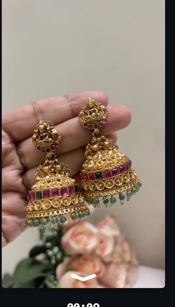 Lakshmi Bridal Ruby Green Jhumka ✨ Angle View - Nethiel Jewelry