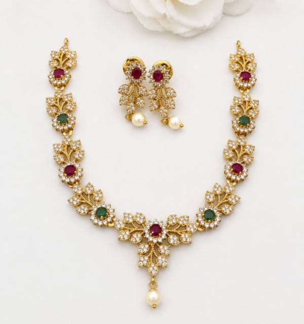 Elegant Floral Ruby & Emerald Necklace Set ✨ Angle View - Nethiel Jewelry