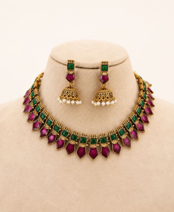 Magenta Palakka Necklace Set - Nethiel Jewelry