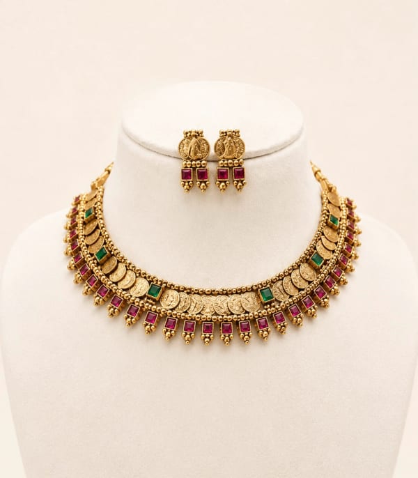 Royal Multicolour Kasu Necklace Set - Nethiel Jewelry