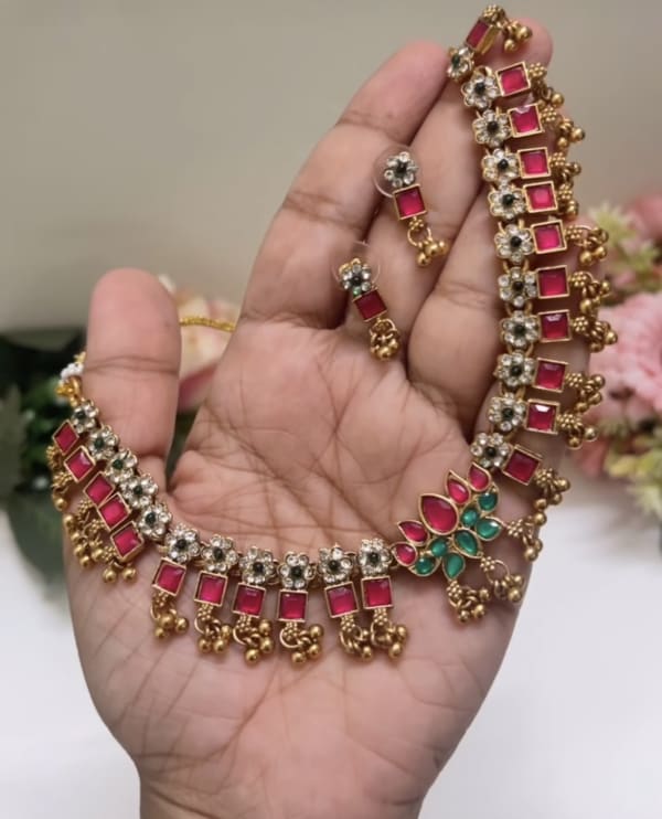 Ruby Lotus Necklace Set Angle View - Nethiel Jewelry