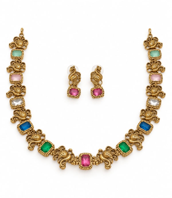 Peacock Multicolour Necklace Set β¨ Angle View - Nethiel Jewelry