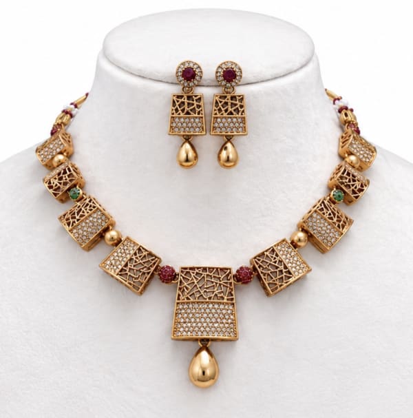Ruby Emerald Geometric Necklace Set - Nethiel Jewelry